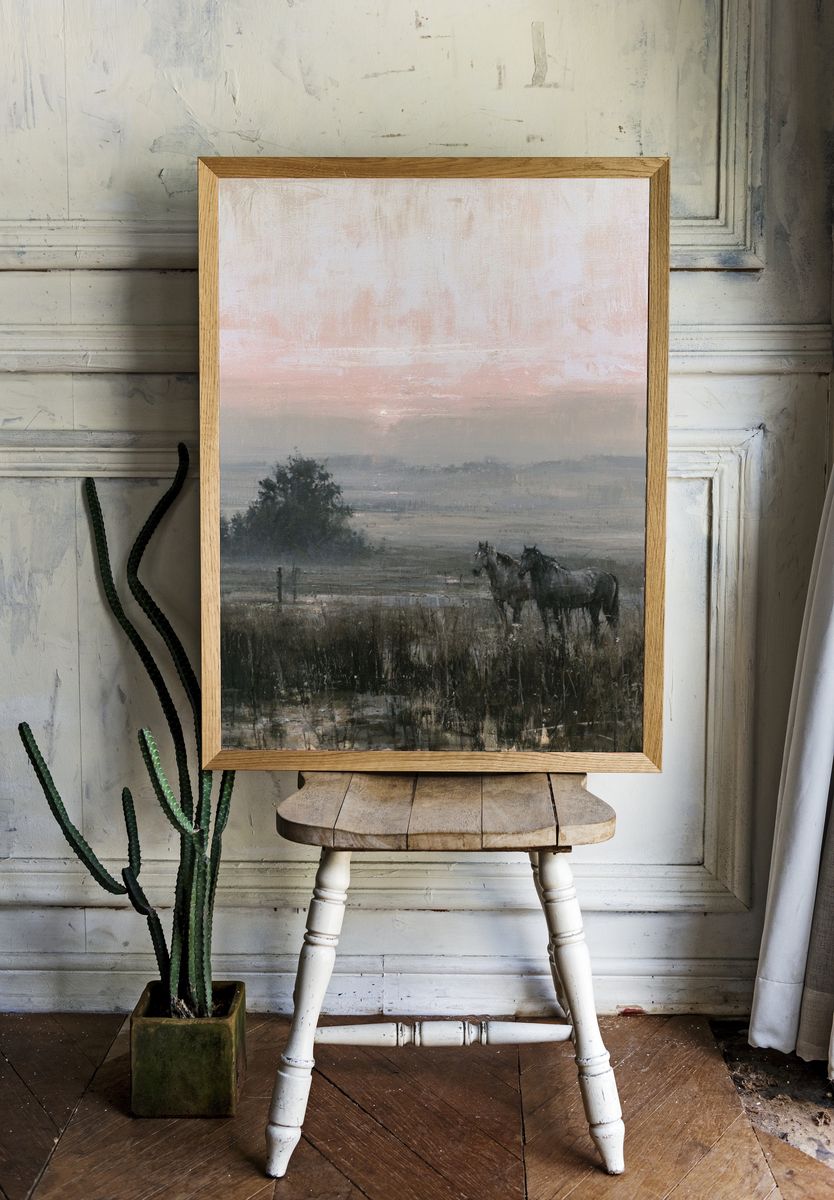 Misty Horses at Dawn Print. — room view 1