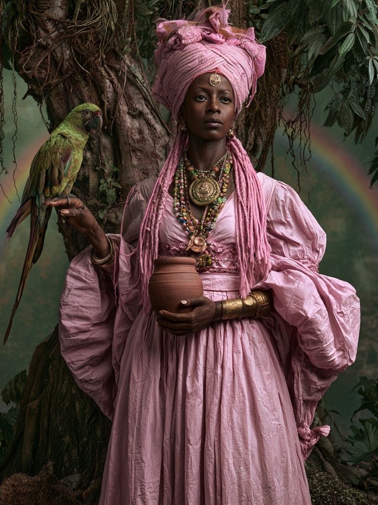 Mystic Woman with Parrot Portrait Print. poster detail