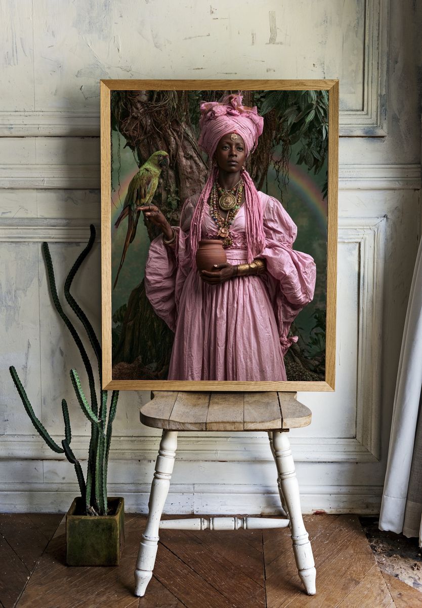 Mystic Woman with Parrot Portrait Print. room preview
