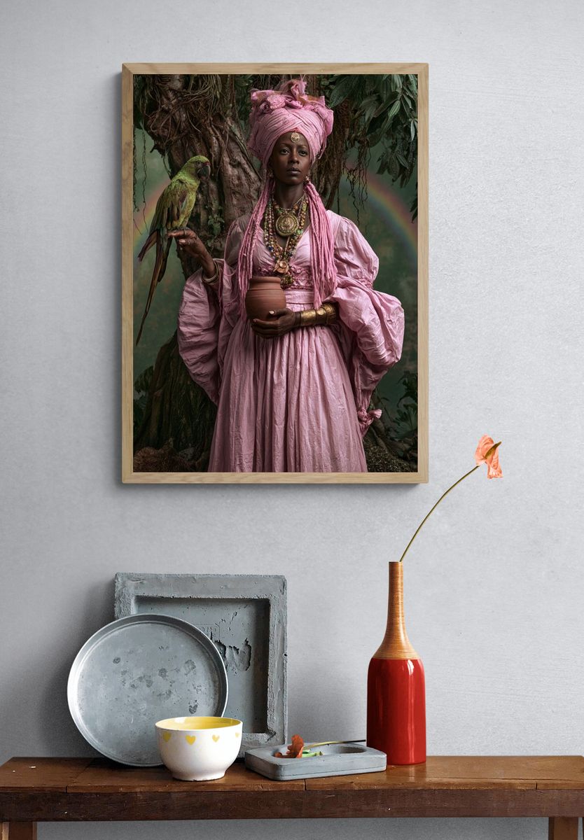 Mystic Woman with Parrot Portrait Print. — room view 3
