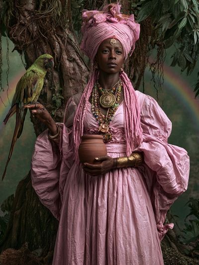 Mystic Woman with Parrot Portrait Print. poster