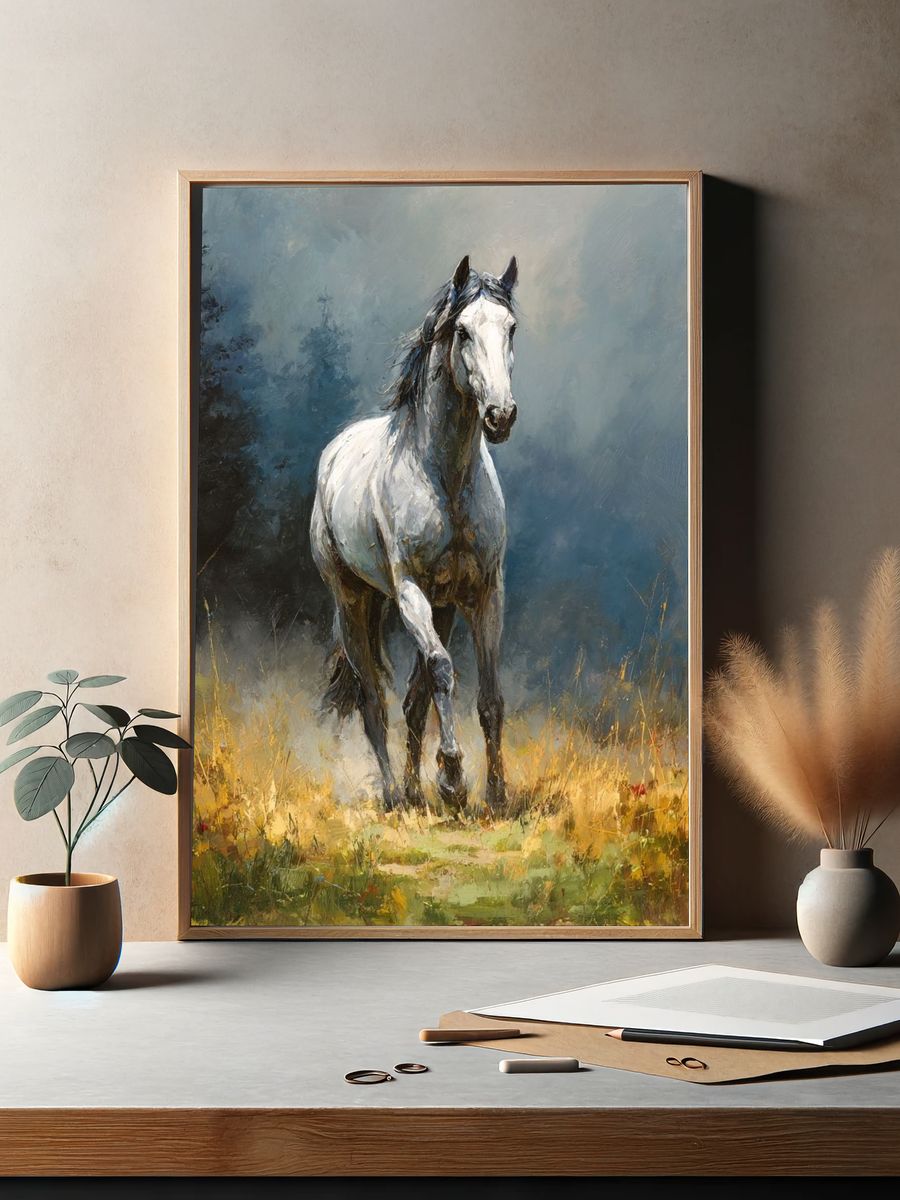 White Horse in Meadow Fine-Art Poster. — room view 2