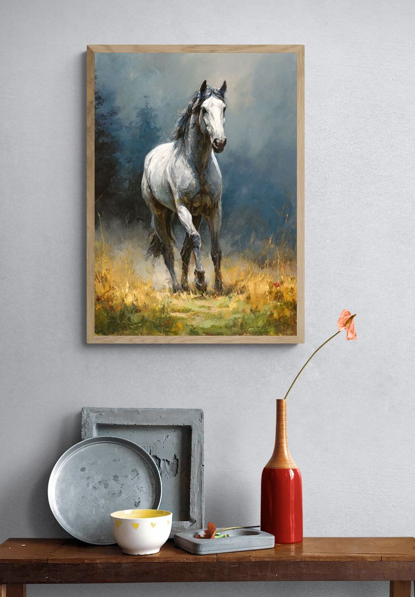 White Horse in Meadow Fine-Art Poster. — room view 3