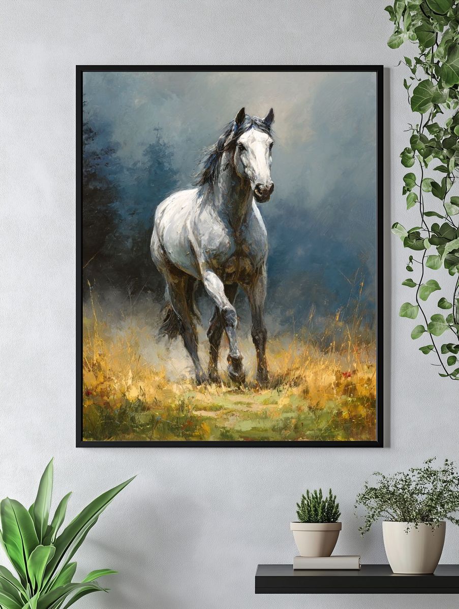 White Horse in Meadow Fine-Art Poster. — room view 4