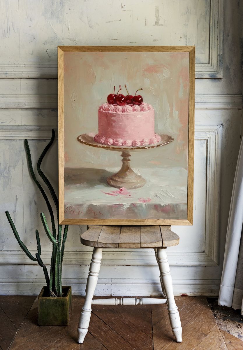 Pink Cherry Cake Fine-Art Poster. room preview