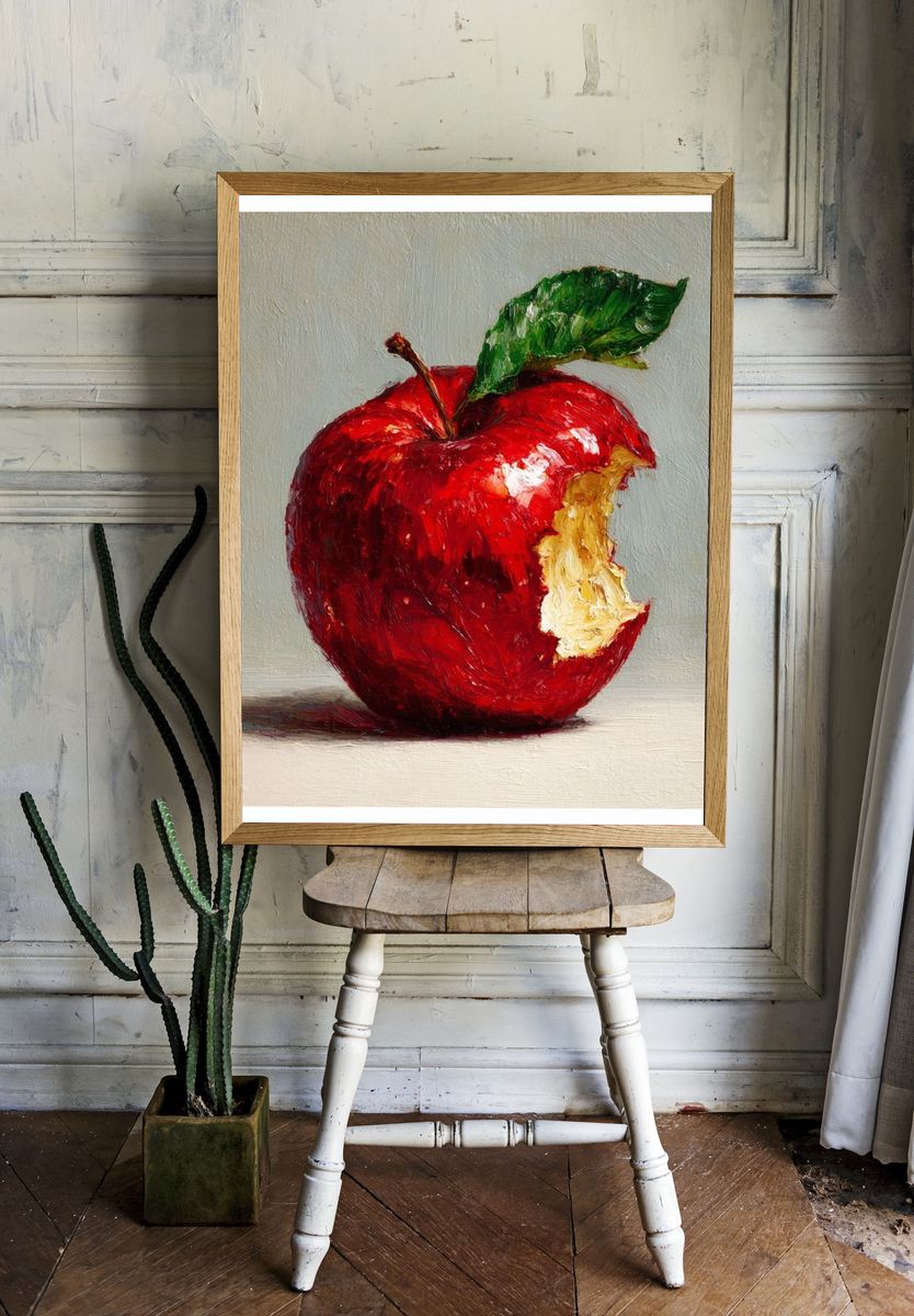 Bitten Red Apple Still Life Print. room preview