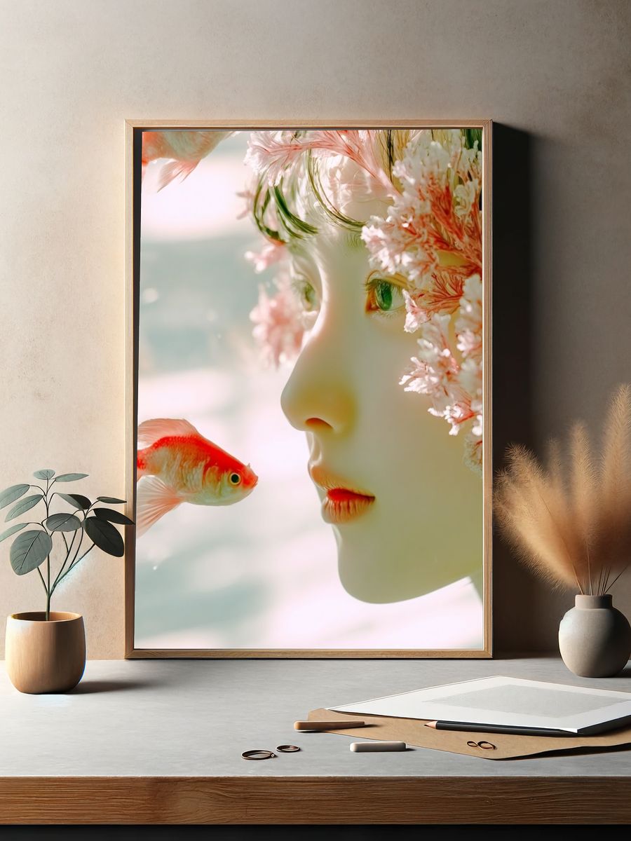 Dreamy Portrait with Goldfish — Fine Art Print. — room view 2