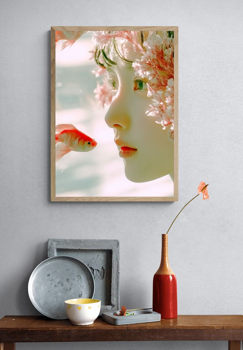 Dreamy Portrait with Goldfish — Fine Art Print. — room view 3