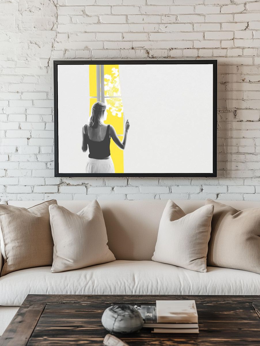 Young woman looking window coronavirus. — room view 1