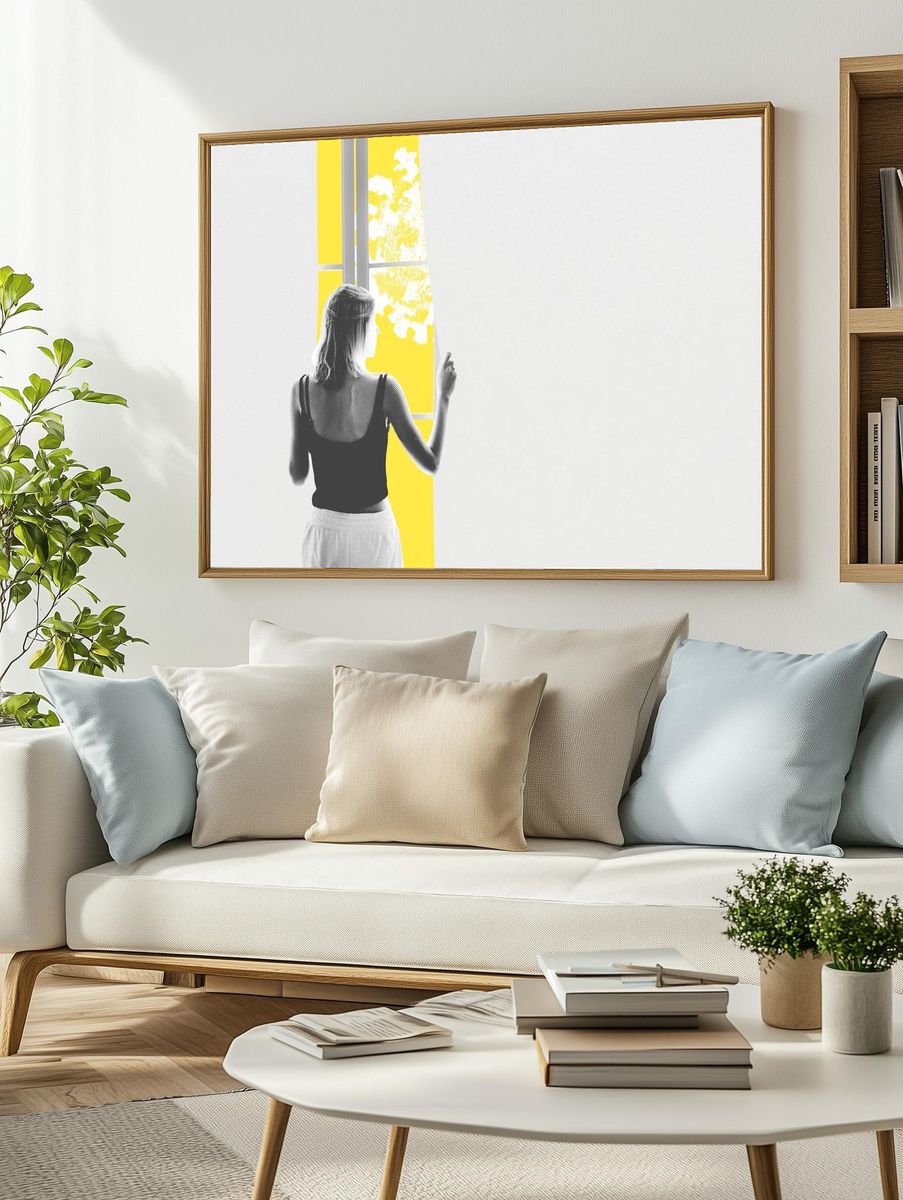 Young woman looking window coronavirus. — room view 2