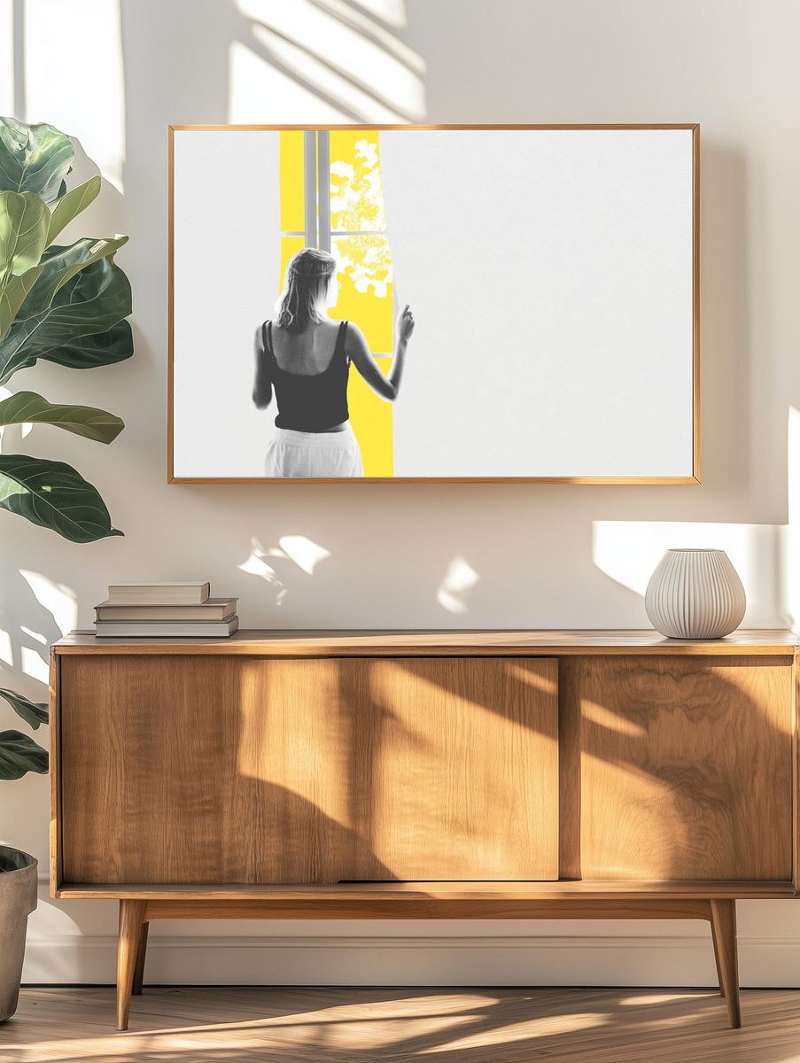 Young woman looking window coronavirus. — room view 3