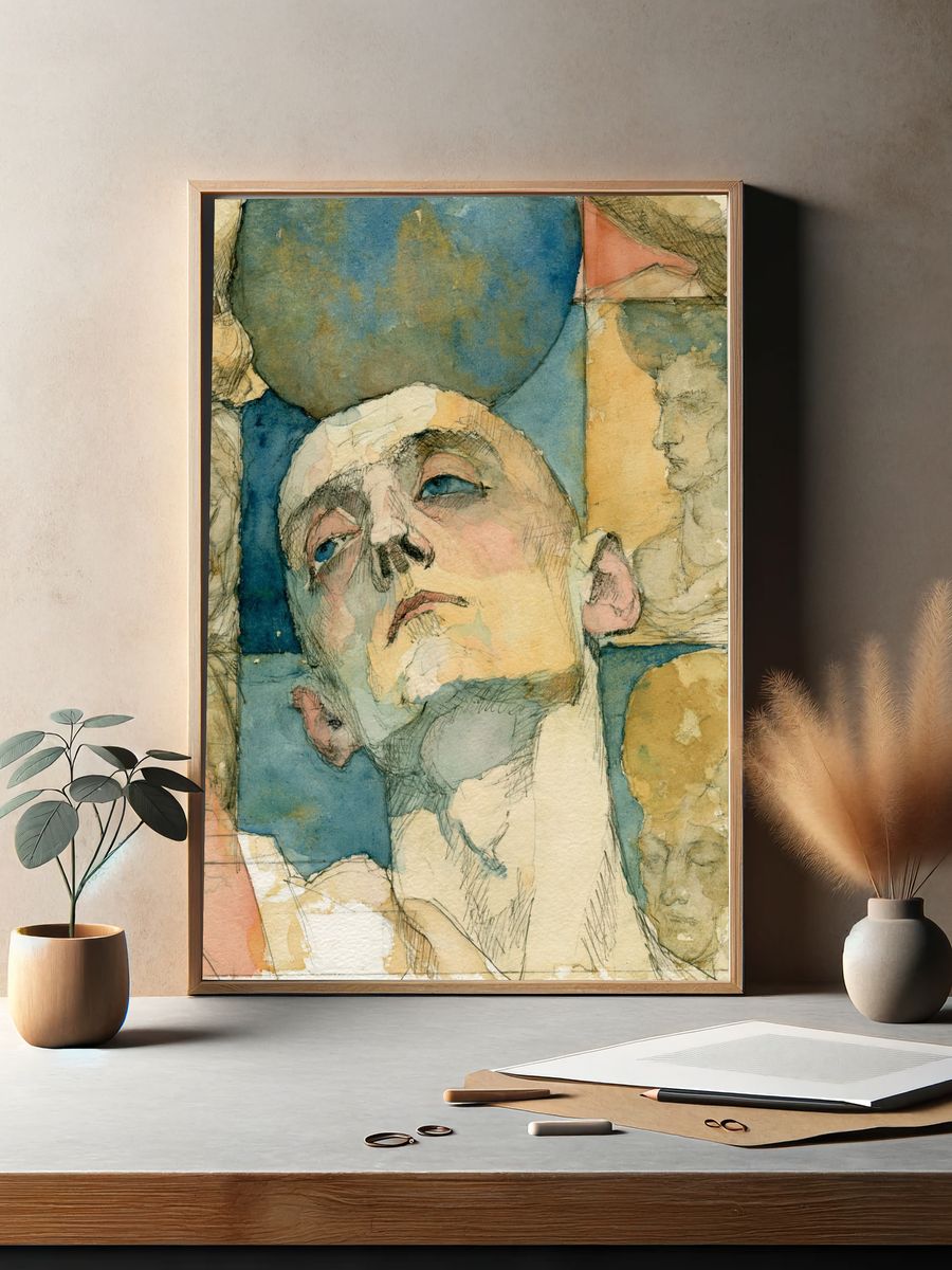 Abstract Face Watercolor Print. — room view 2