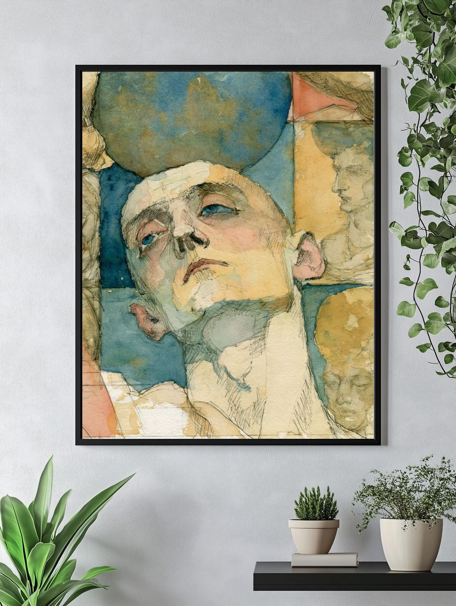 Abstract Face Watercolor Print. — room view 4