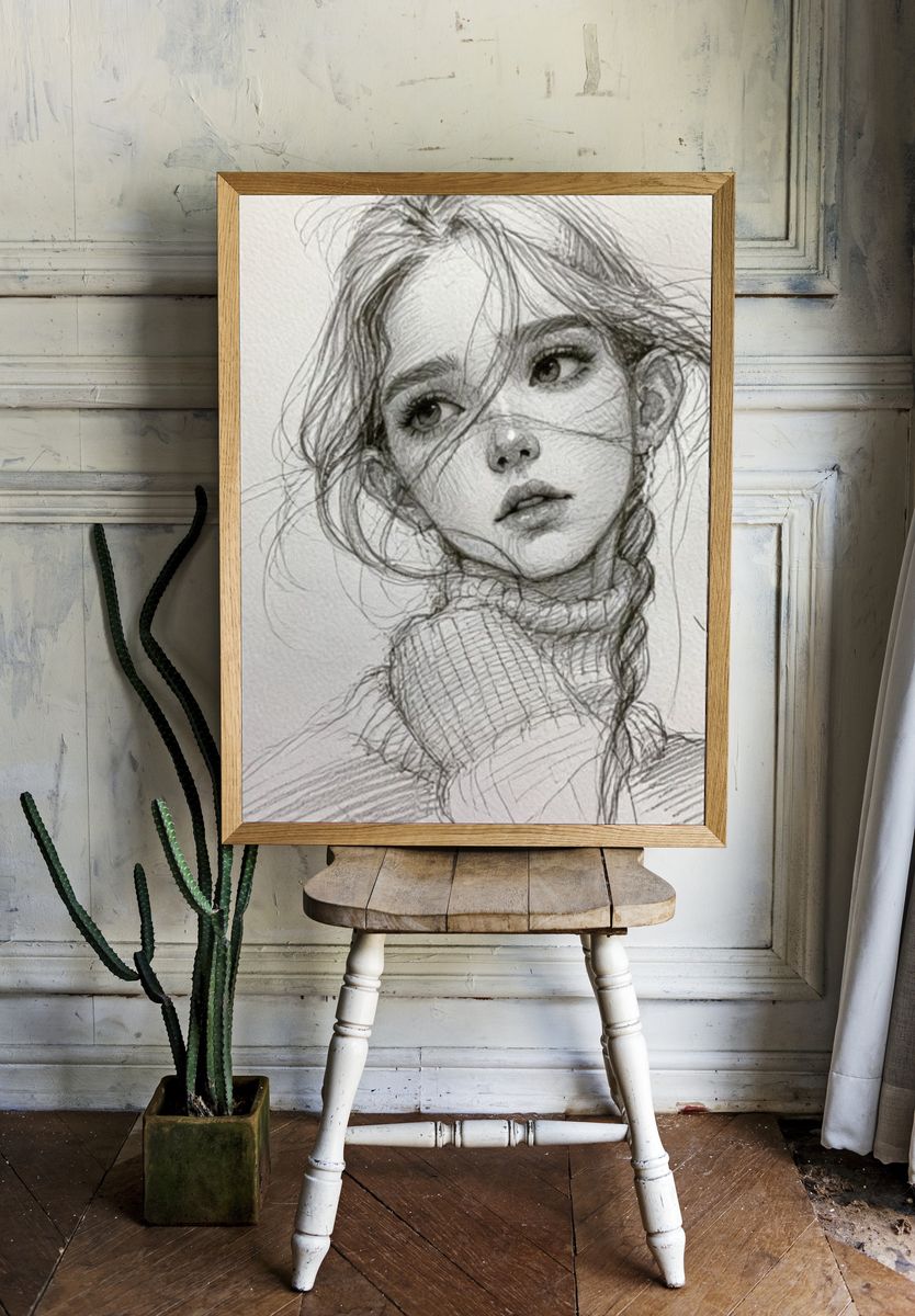 Girl Portrait Sketch Poster. — room view 1