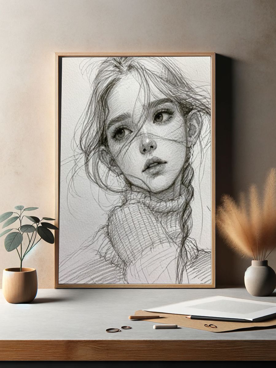 Girl Portrait Sketch Poster. — room view 2
