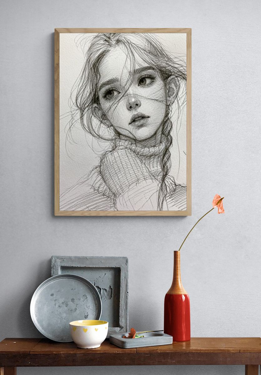 Girl Portrait Sketch Poster. — room view 3