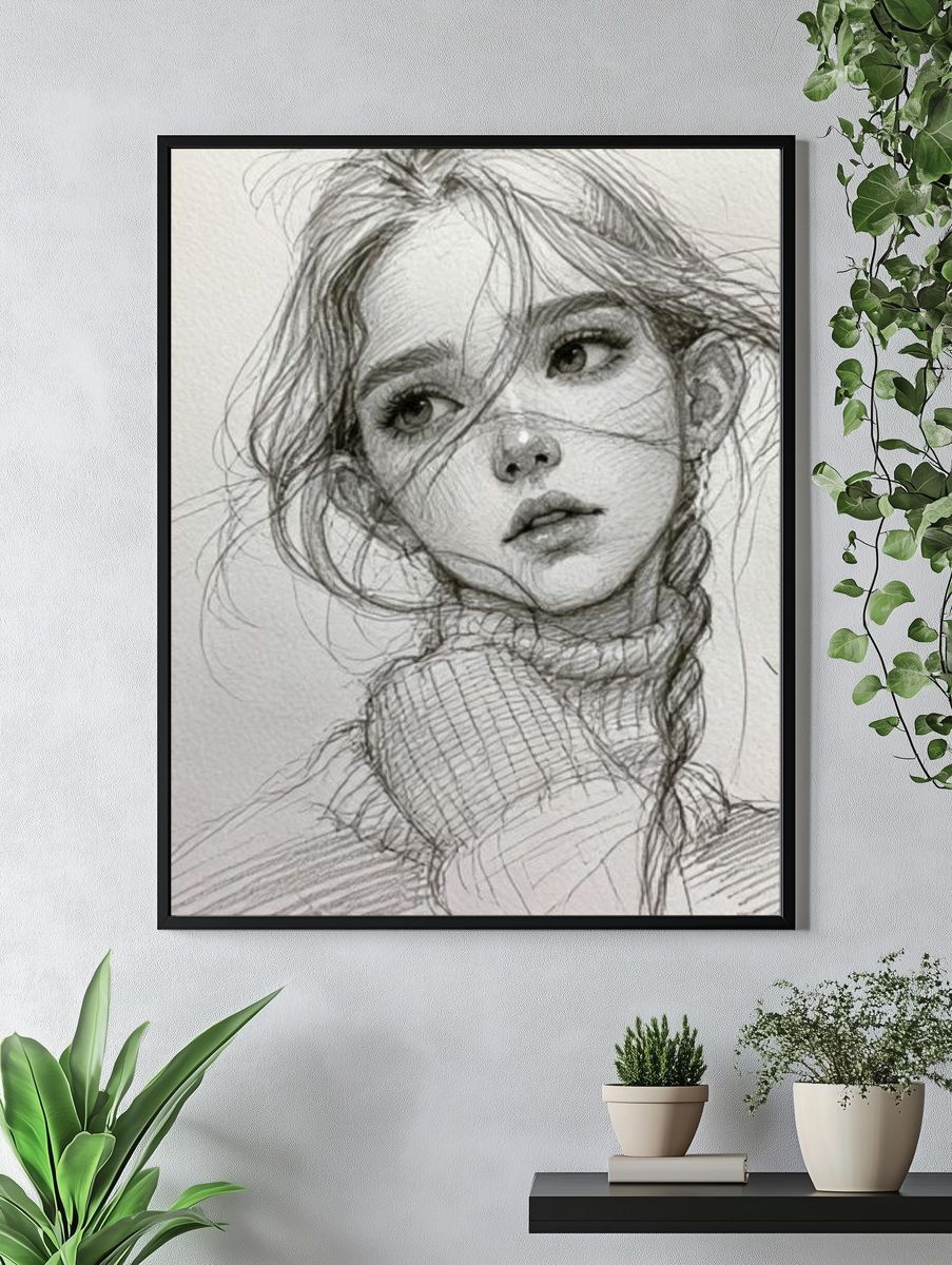 Girl Portrait Sketch Poster. — room view 4