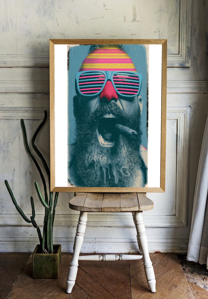 Neon Bearded Man Portrait Print. room preview