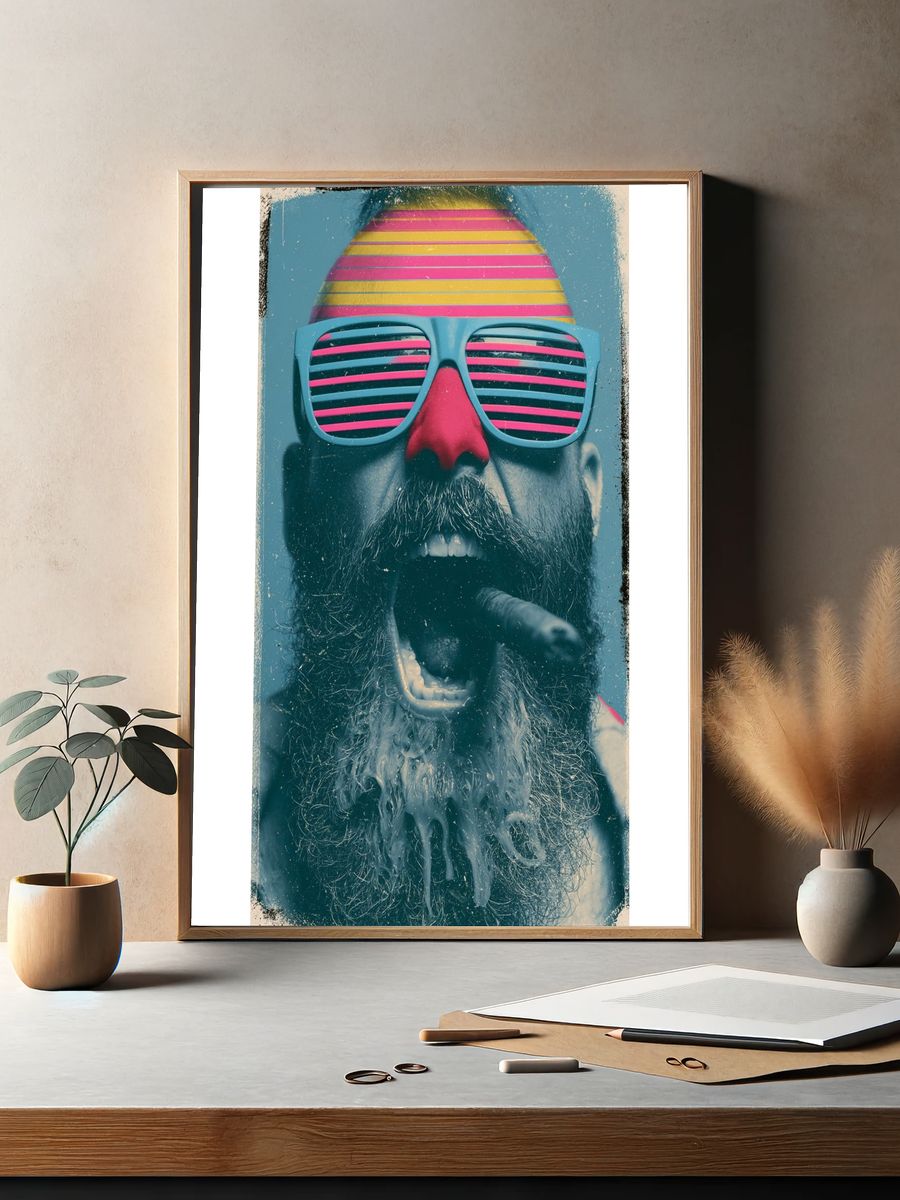 Neon Bearded Man Portrait Print. — room view 2