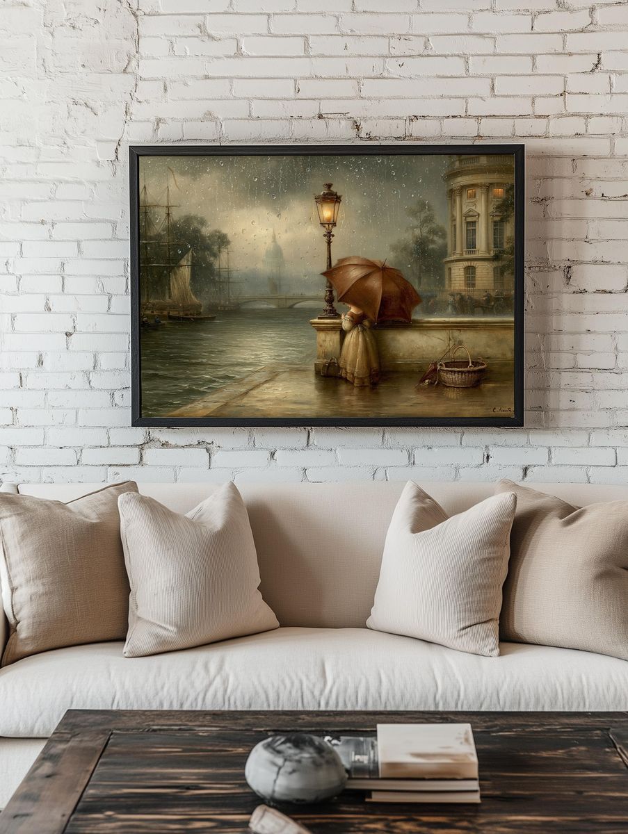 Rainy Riverside Romance Print. room preview