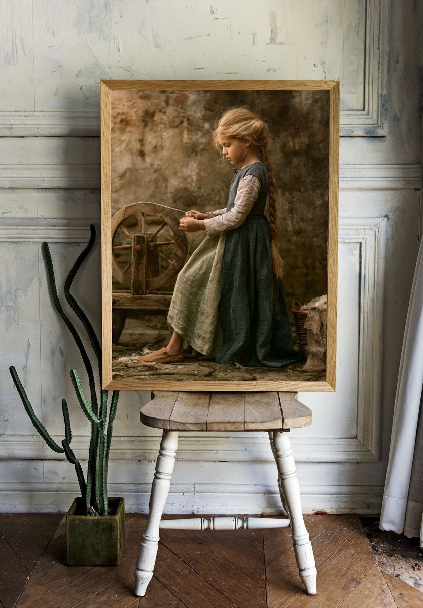 Rustic Spinning Wheel Portrait Print. room preview