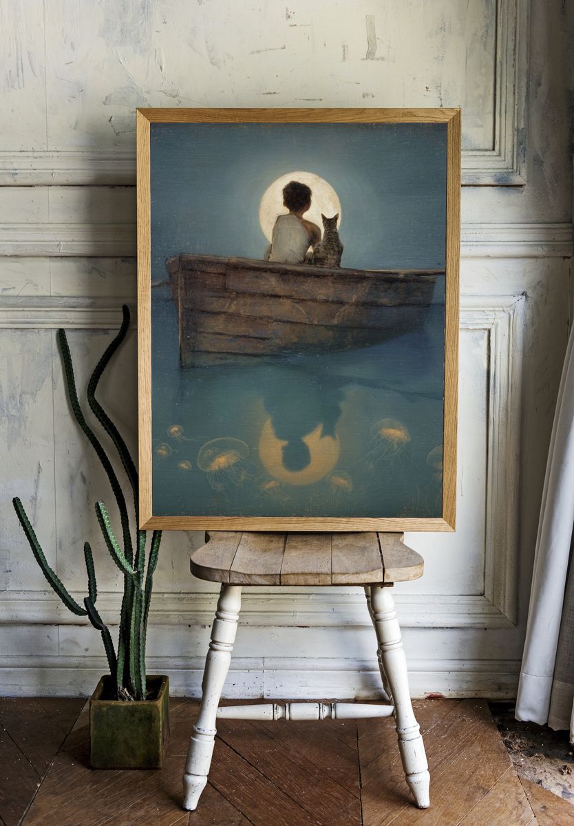 Moonlit Boy and Cat — Fine Art Print. — room view 1