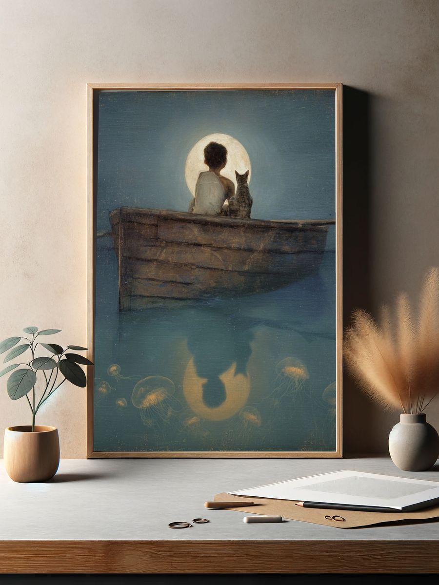 Moonlit Boy and Cat — Fine Art Print. — room view 2