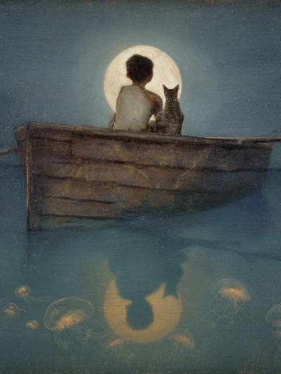 Moonlit Boy and Cat — Fine Art Print. poster print
