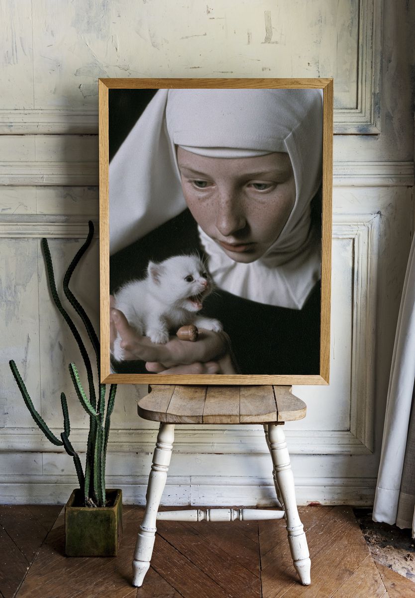 Nun and Kitten Portrait Print. — room view 1