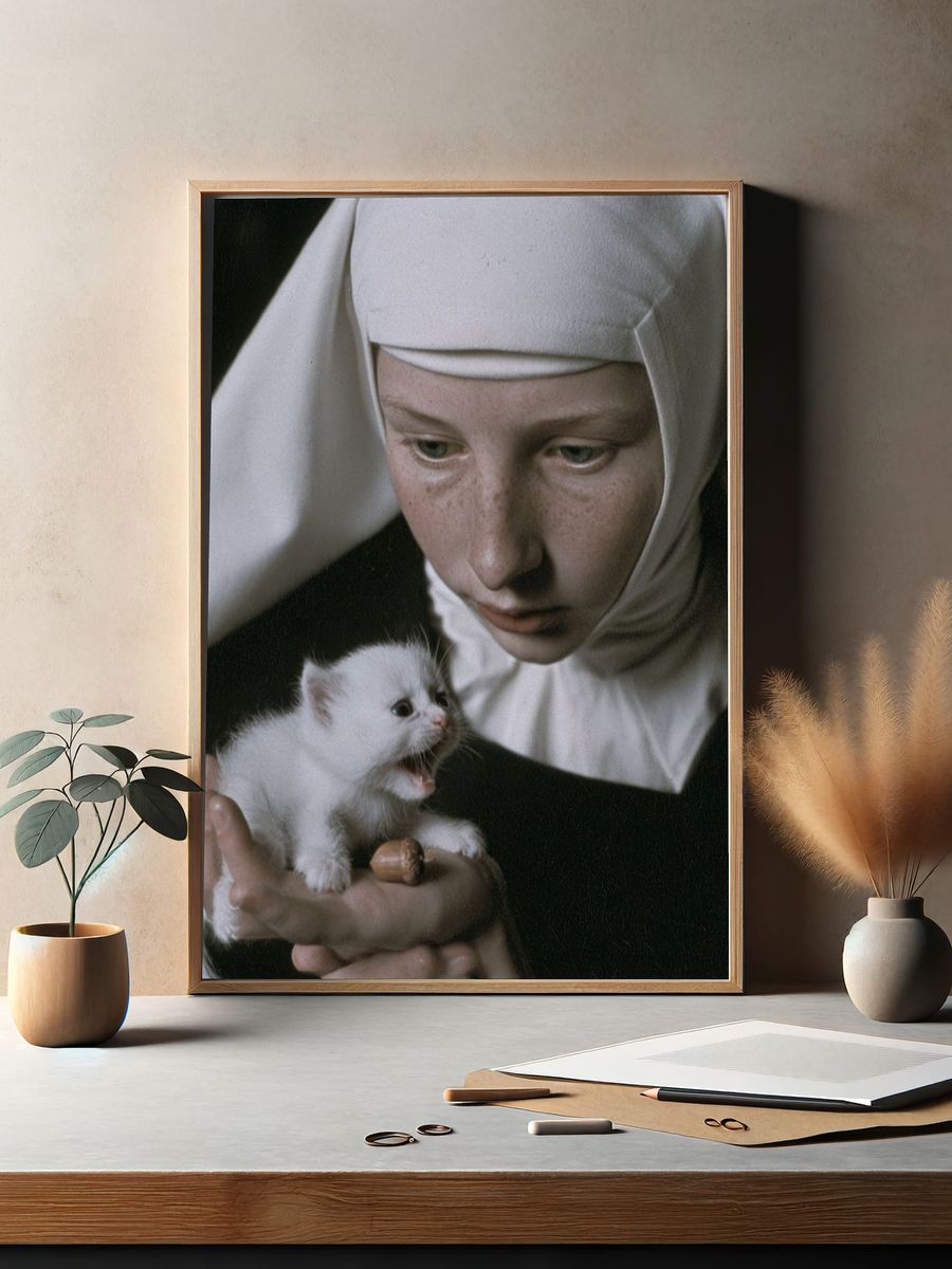 Nun and Kitten Portrait Print. — room view 2