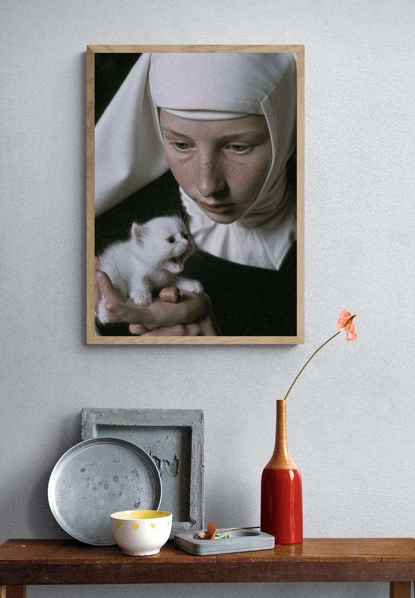 Nun and Kitten Portrait Print. — room view 3