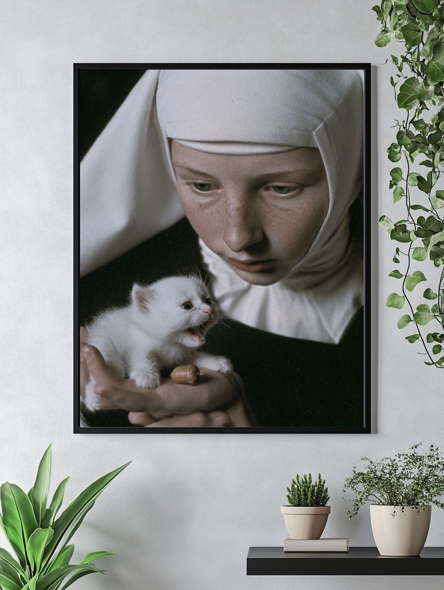Nun and Kitten Portrait Print. — room view 4