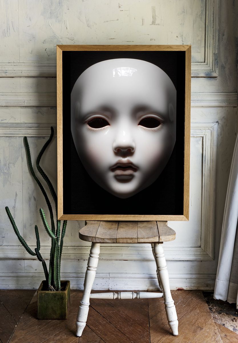 Porcelain Mask Dark Portrait Poster. — room view 1