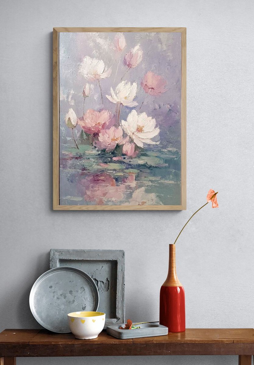 Pastel Lotus Blooms Fine-Art Poster. — room view 3