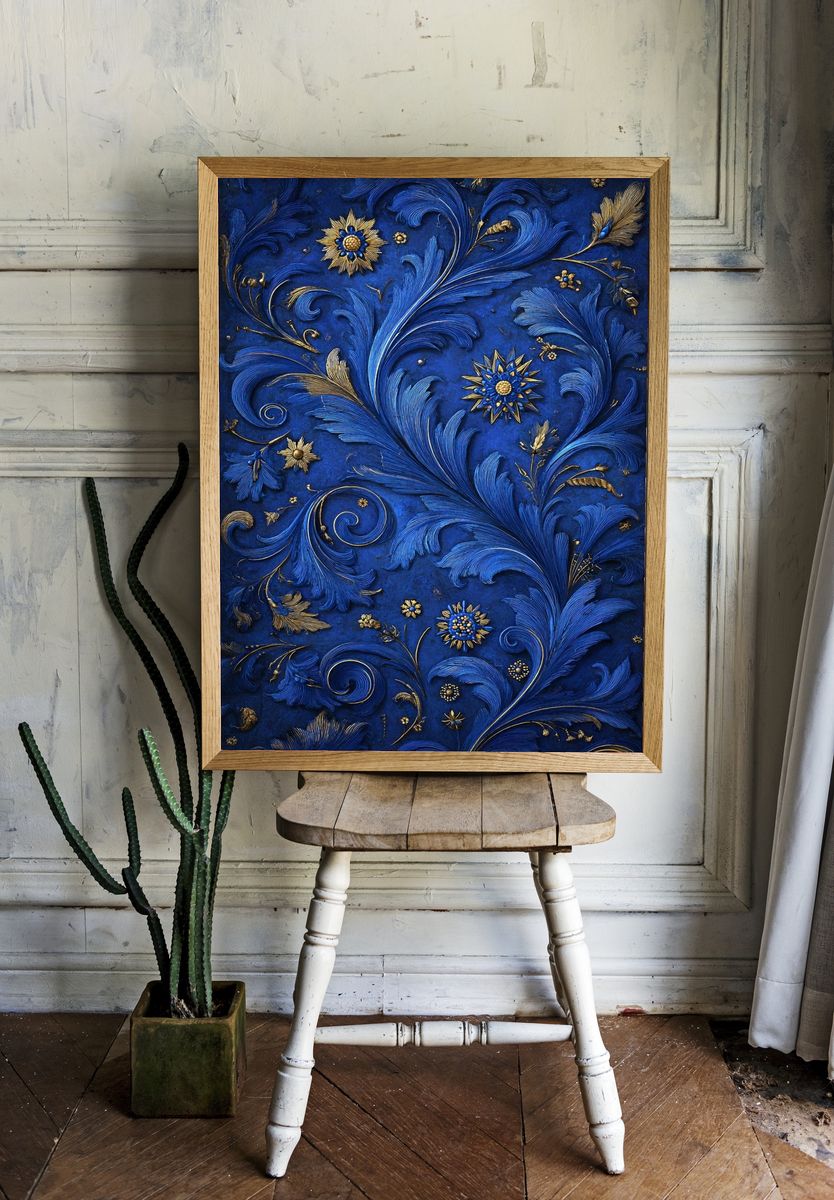 Blue Floral Relief — Fine Art Print. — room view 1