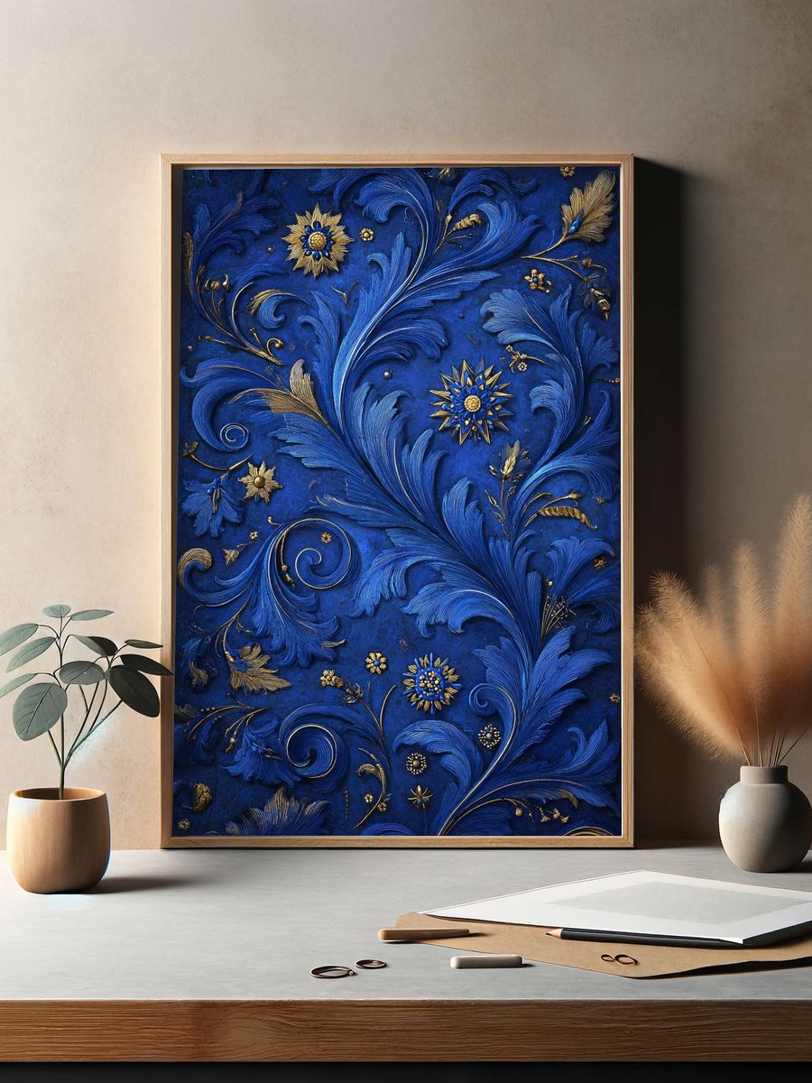 Blue Floral Relief — Fine Art Print. — room view 2