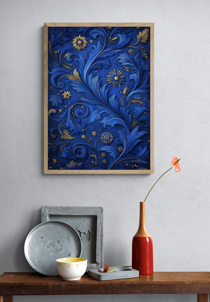 Blue Floral Relief — Fine Art Print. — room view 3