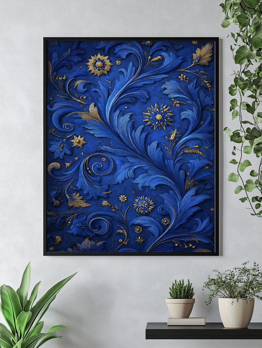 Blue Floral Relief — Fine Art Print. — room view 4