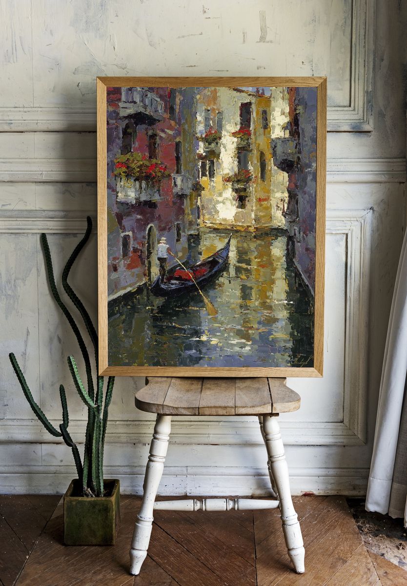 Venetian Canal Gondola Oil Poster. — room view 1