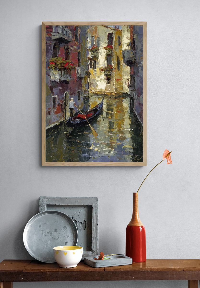 Venetian Canal Gondola Oil Poster. — room view 3