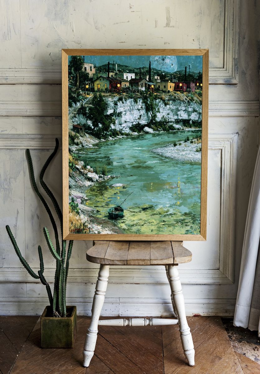 Moonlit Riverside Village Print. room preview