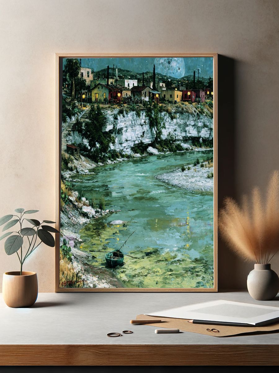 Moonlit Riverside Village Print. — room view 2