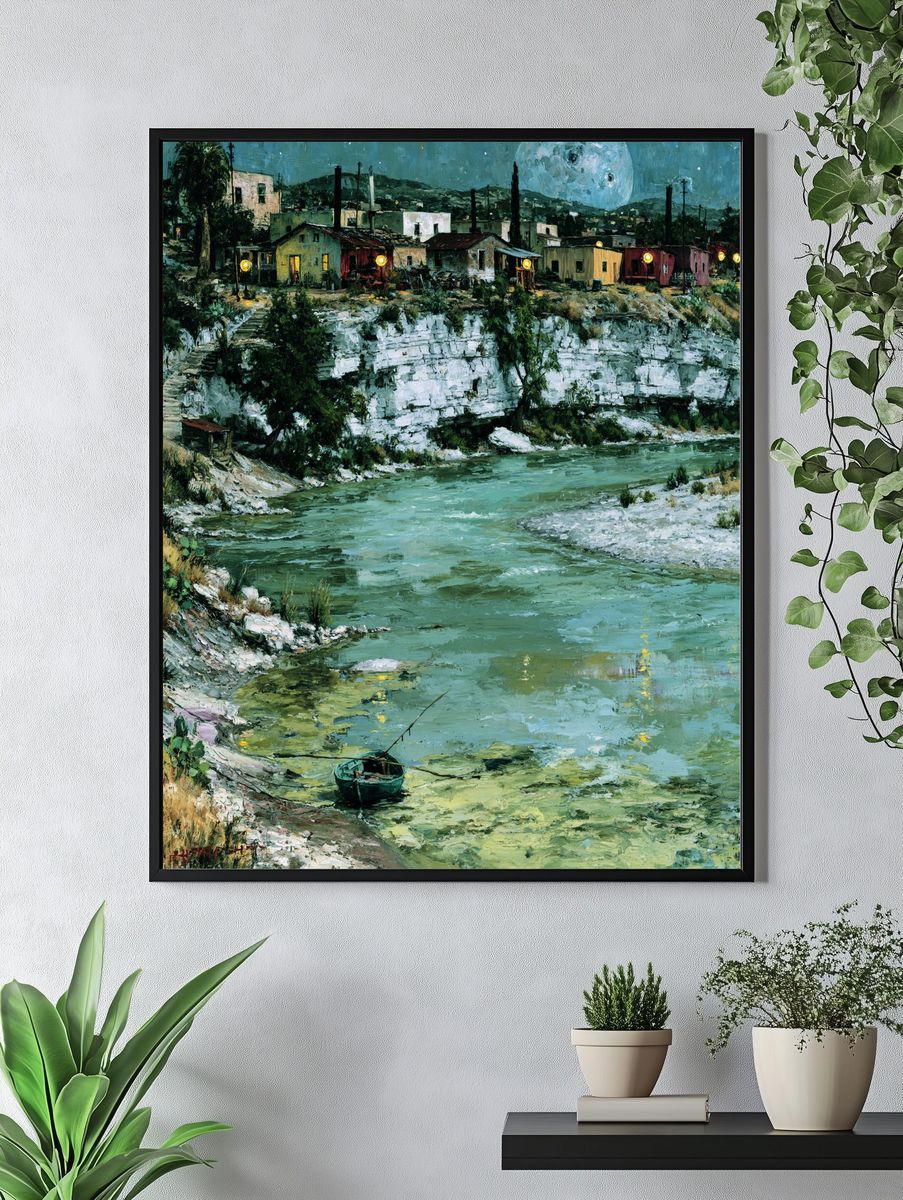 Moonlit Riverside Village Print. — room view 4