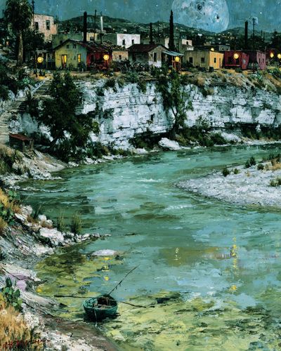 Moonlit Riverside Village Print. poster