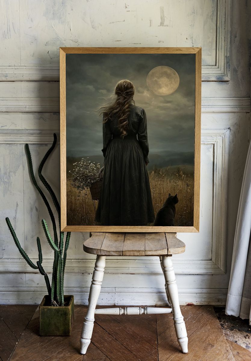 Woman with Cat — Fine Art Print. — room view 1