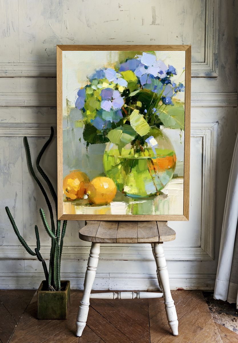 Blue Flowers Still Life Print. room preview