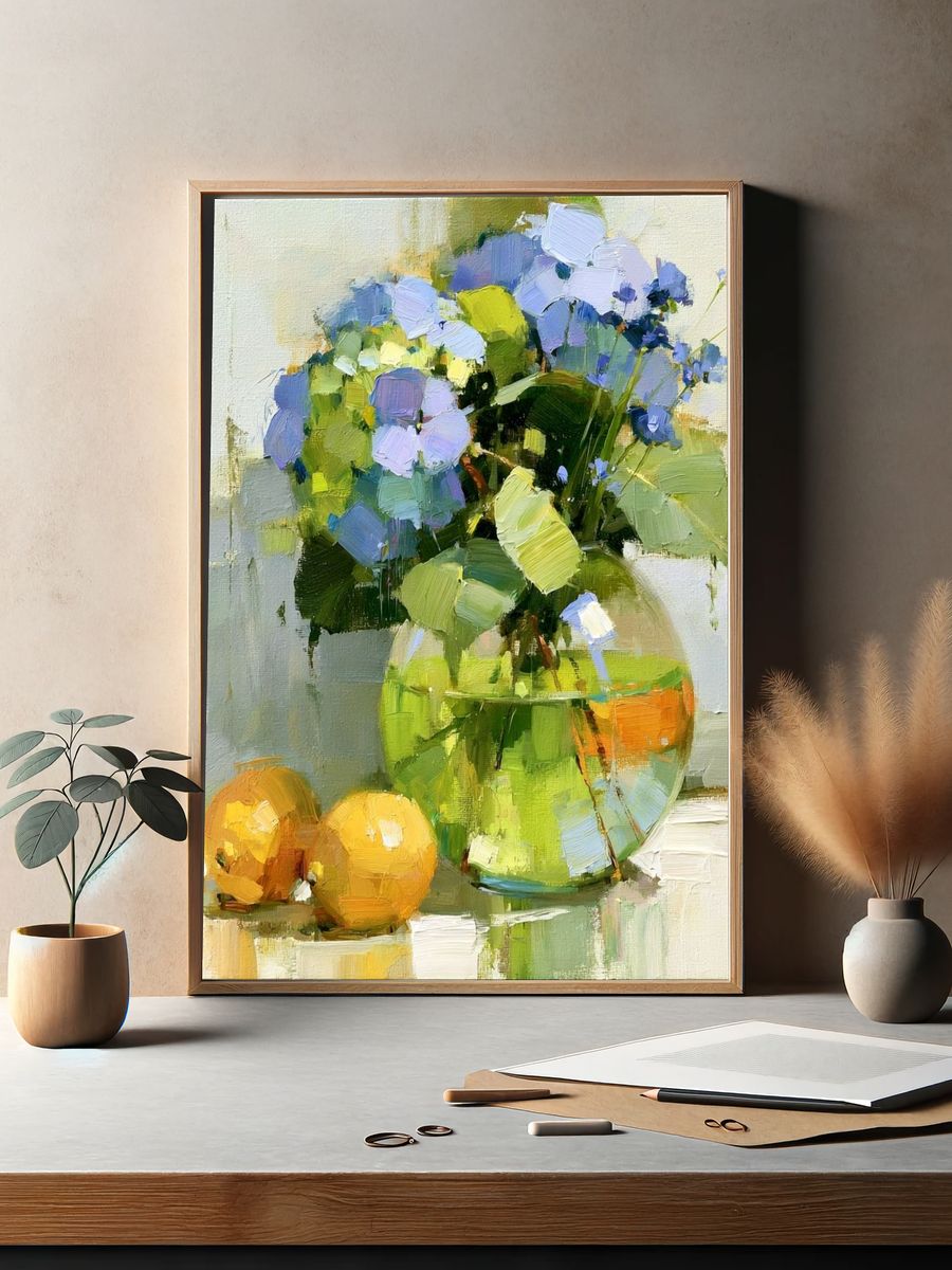 Blue Flowers Still Life Print. — room view 2