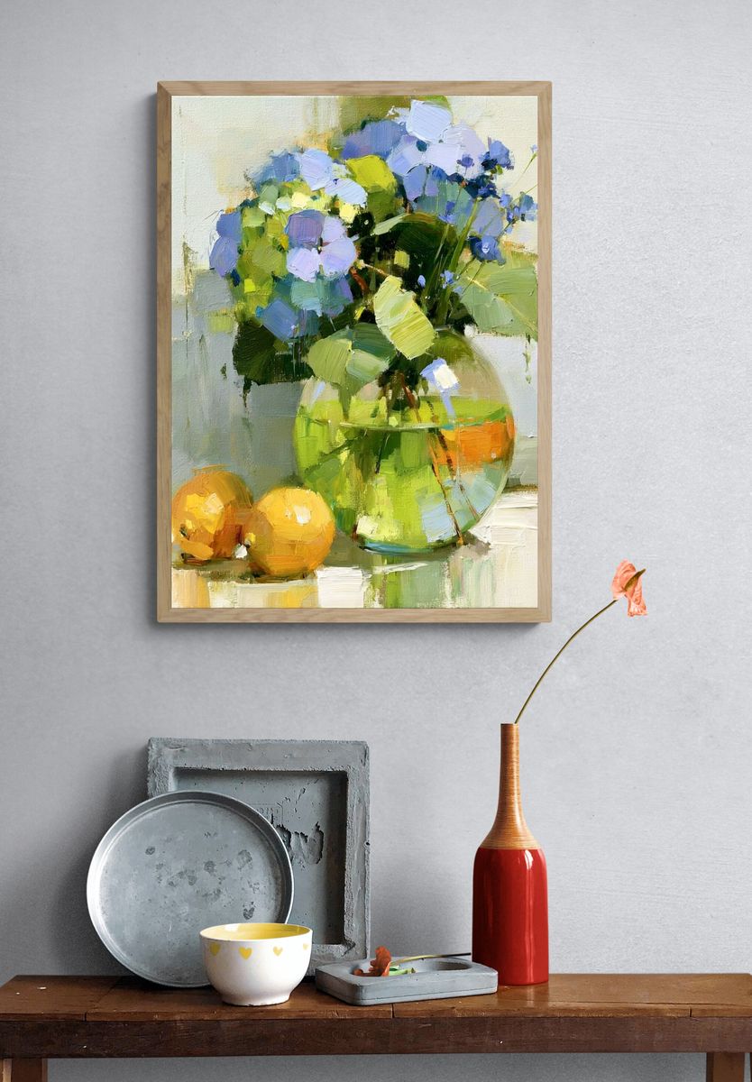 Blue Flowers Still Life Print. — room view 3