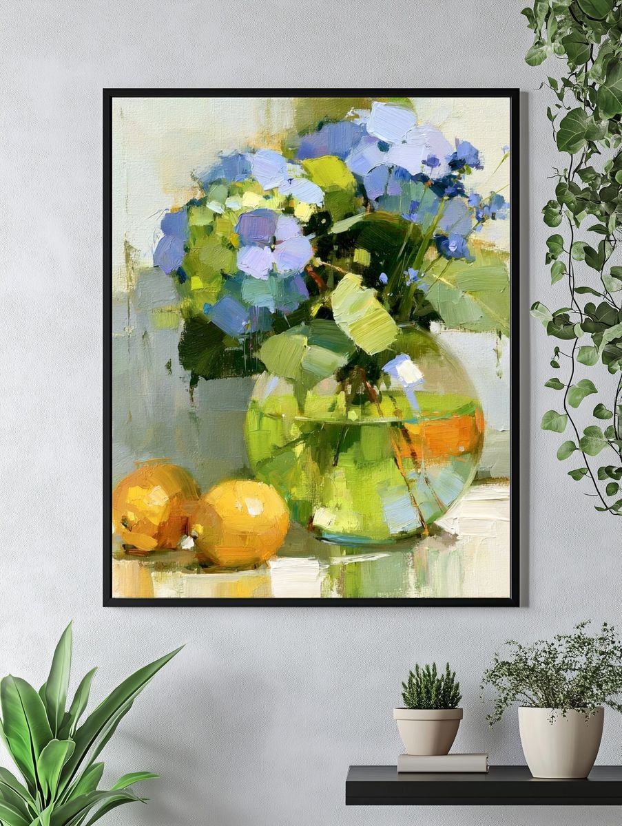 Blue Flowers Still Life Print. — room view 4