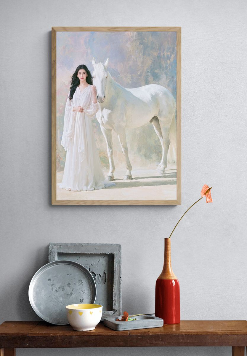 White Horse Portrait Print. — room view 3